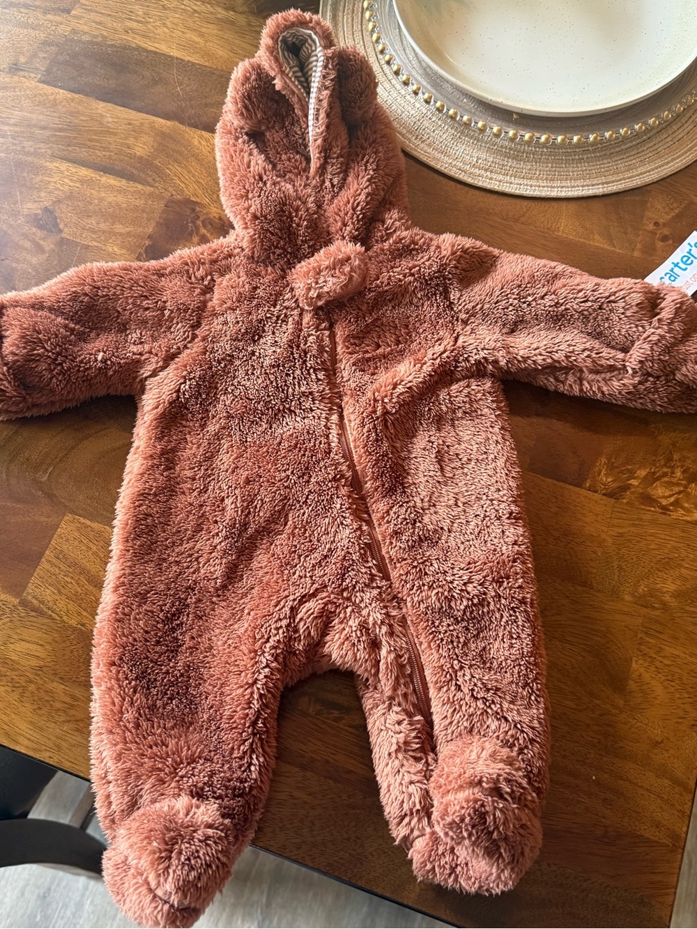Carter's Rust Brown Plush Hooded Baby Footed One-Piece( newborn)